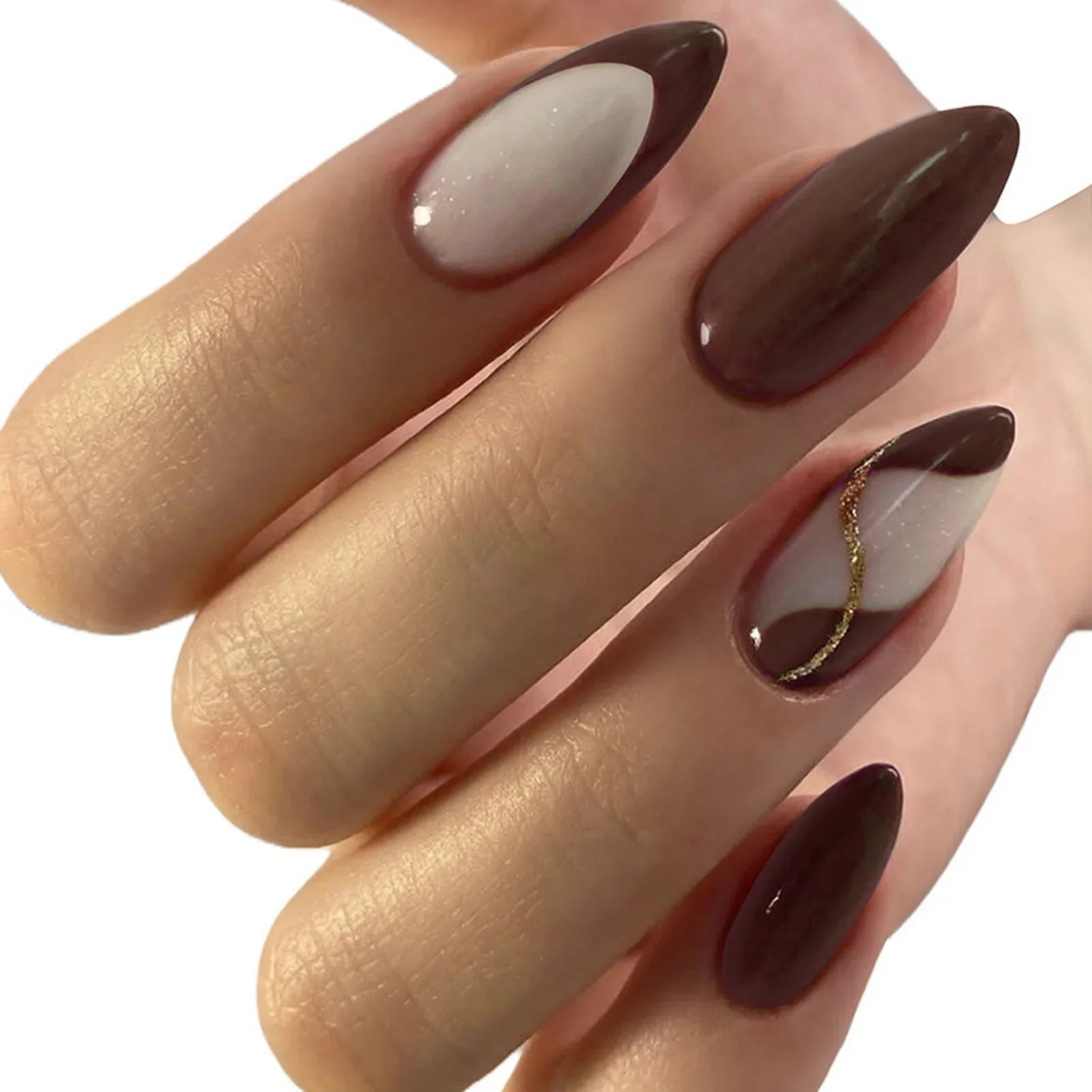 24Pcs Almond Fake Nails Women Girls New Year Party Press On Nails Red/Brown/Orange French False Nails DIY Charm Manicure