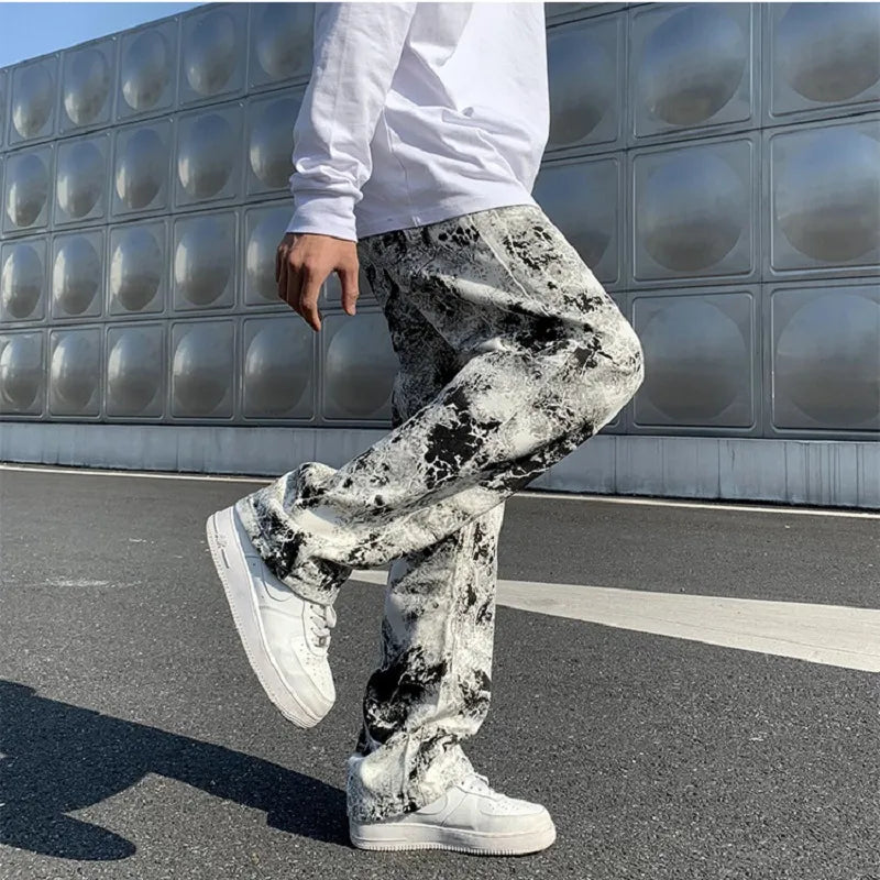 Mens Fashion Printed jeans Spring Mopping Trousers Jeans Korean Style High Street Loose Hip Hop Wide-leg Jean Pants