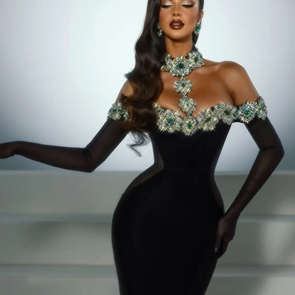 STOCK Fashion Golves Luxury Diamonds Sexy Off The Shoulder Halter Ankle Length Dress Graceful Woman Evening Party Dress