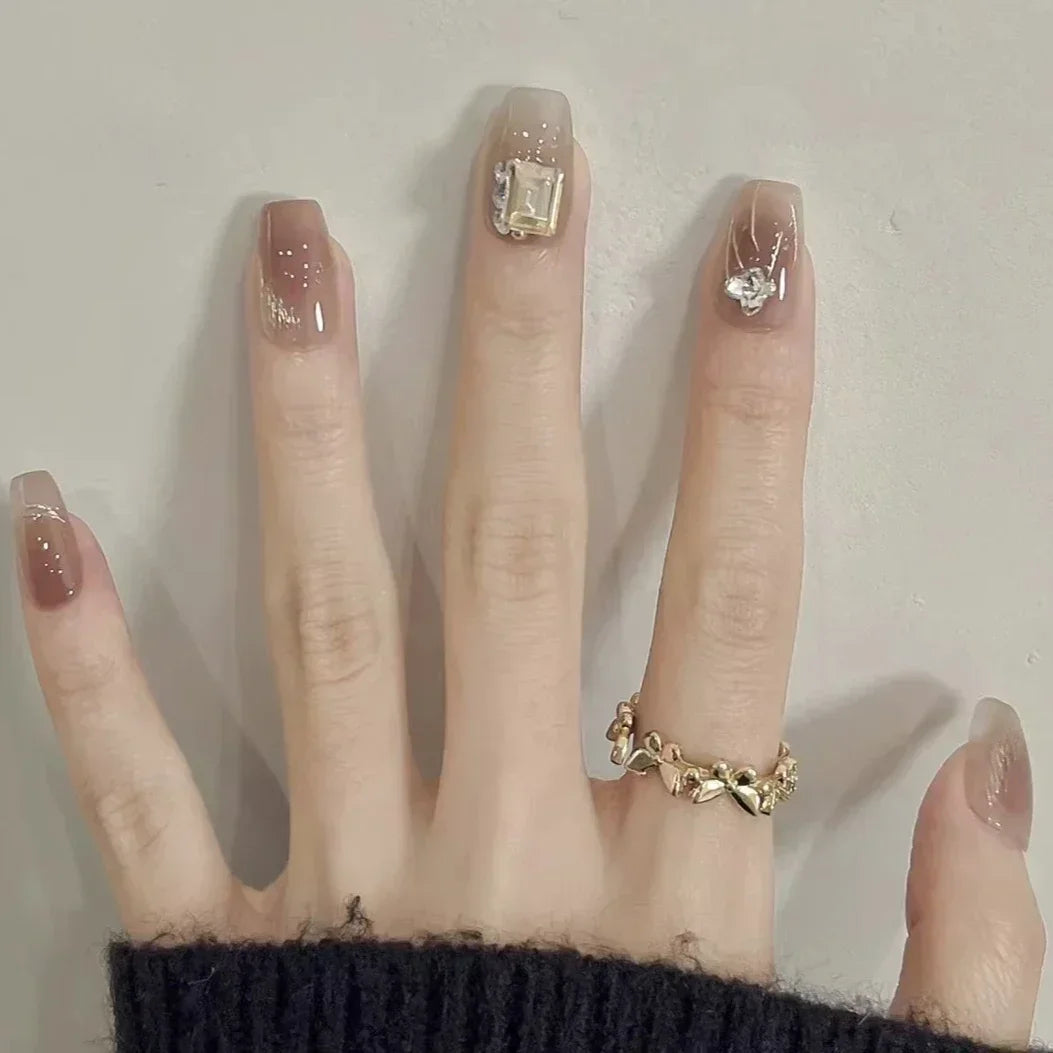 Shiny Crystal Glitter Powder Cat Eye Rhinestone Pearl Short Fake Nails Art Korean False Nails Zircon DIY Press on Nails Manicure