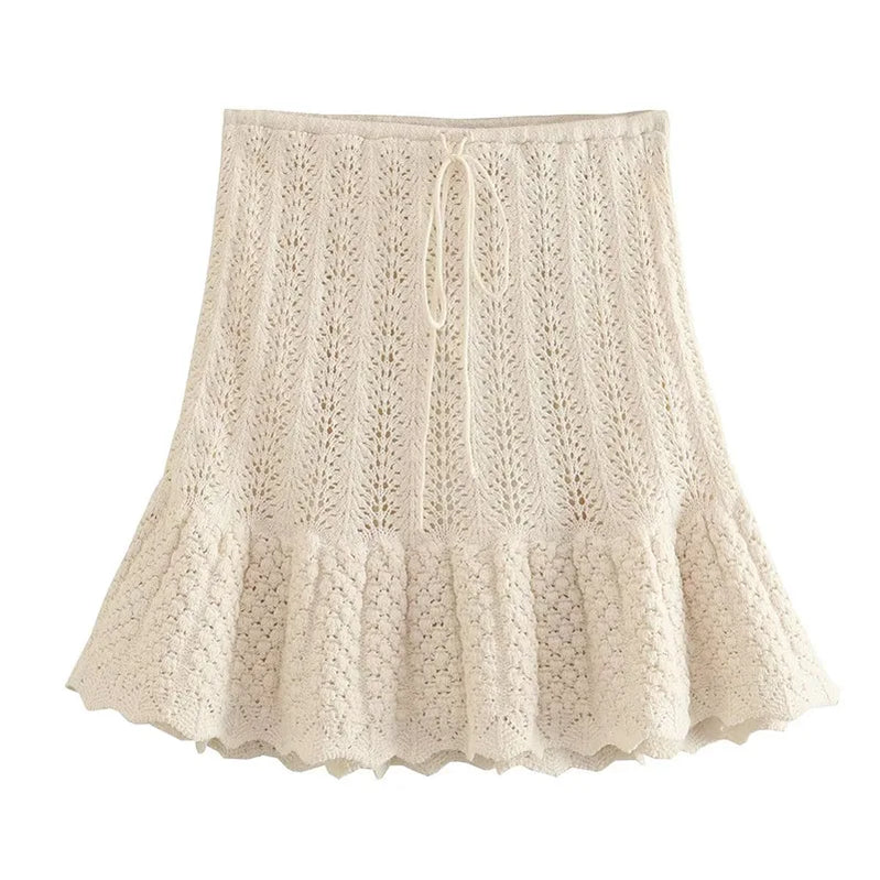 Women Knit Mesh Jacquard Skirts Sets Sweet Hollow Out O-neck Sleeveless Vest Top Summer A-Line Drawstring Mini Skirt Outfit Skirts