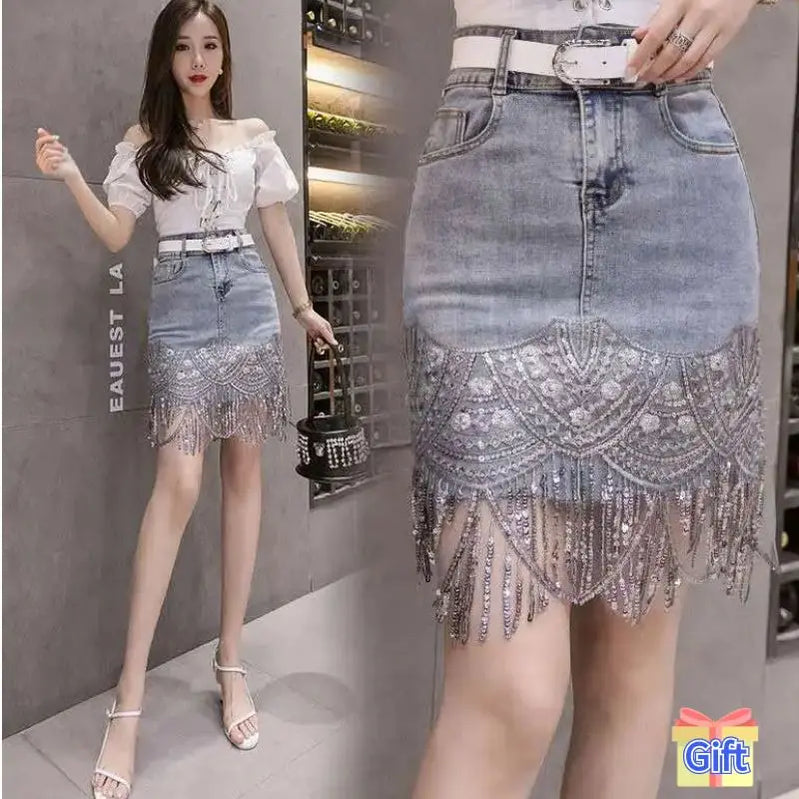 Denim mini rok vrouwen met shorts schuine zoom kwastje zomer 2024 Koreaanse mode streetwear Jean Skort stijlvolle nachtclub outfit