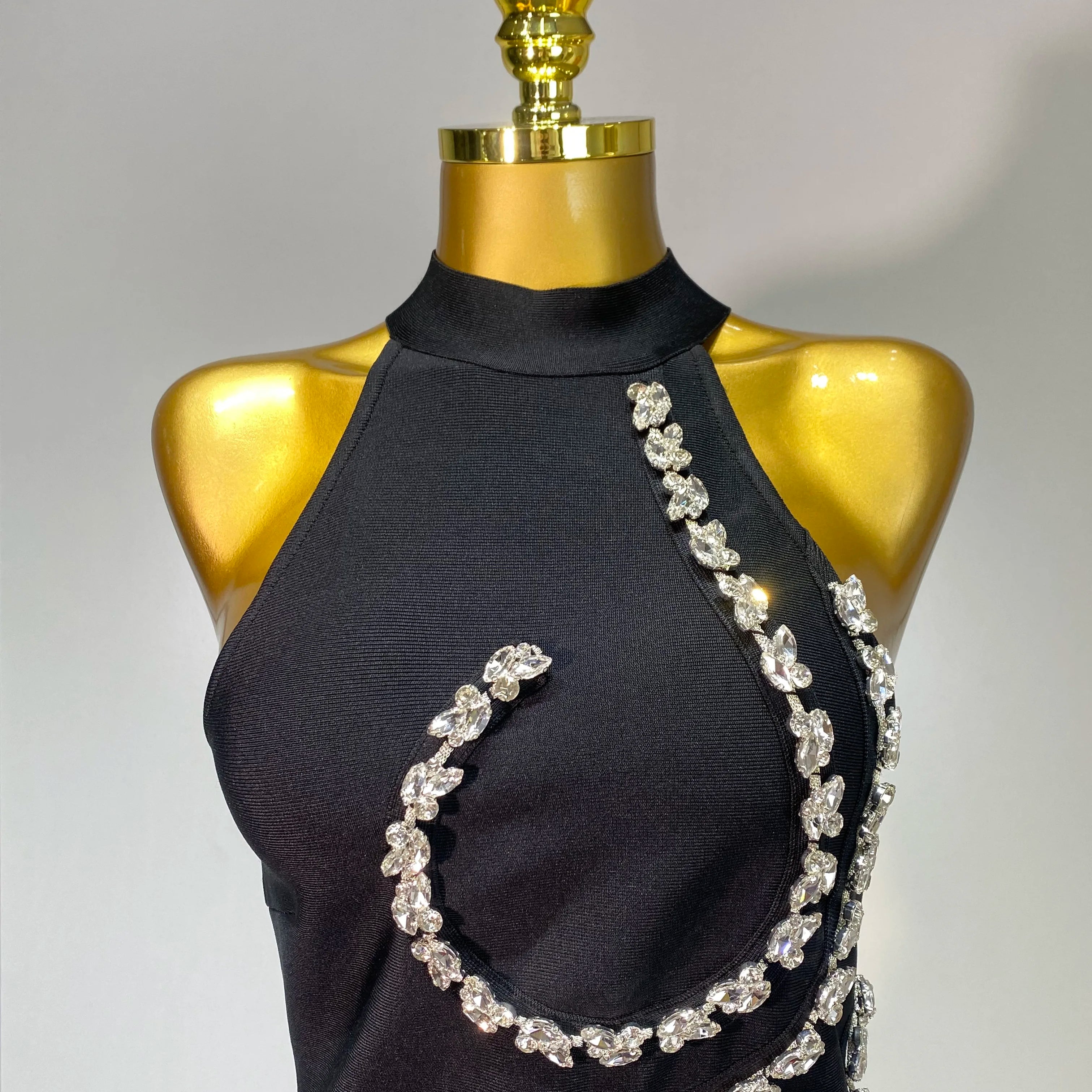 Women Sexy High Neck Shinning Crystal Bodycon Mini Bandage Dress Nightclub Party Luxury Birthday Elegant Celebrity Evening Dress