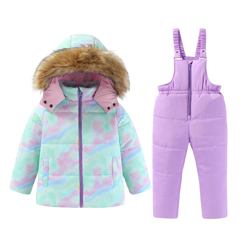 4-7T Kids Girls Ski Suits Winter Warm Coat Jackets Pants Snowboard Skiing Suit Set Snow Suits Thick Cotton Padded 1