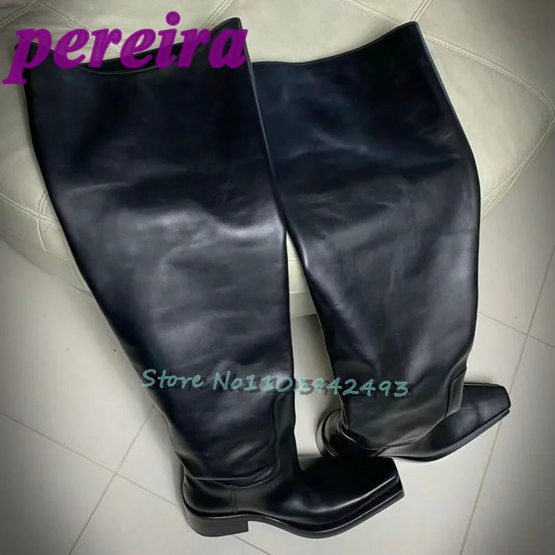 Black Wide Fit Boots Square Toe Botas Over-the-knee Man Women Autumn Winter Fashion Street Style Shoes Luxury Designer Booties