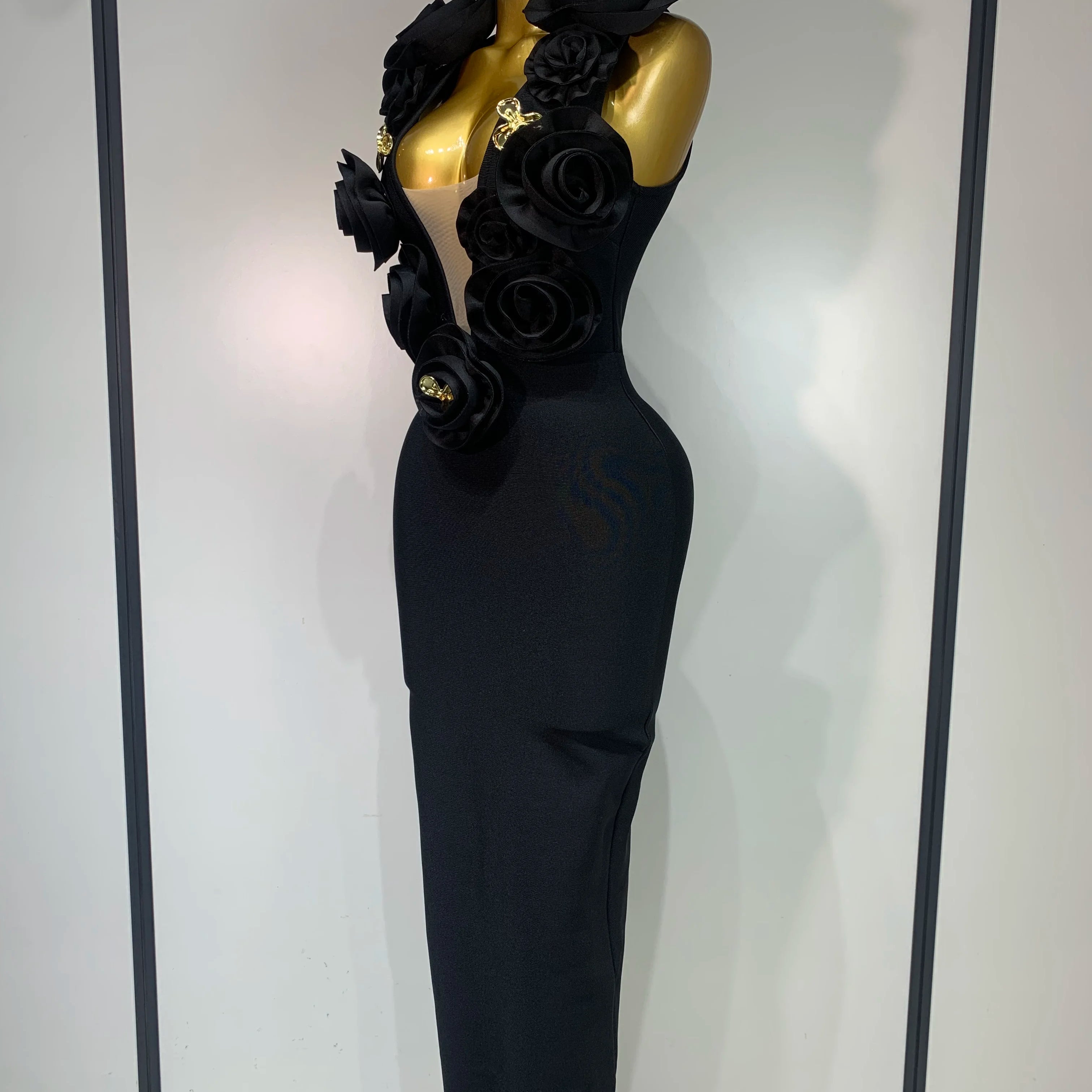 Fashion Black 3D Flower Bodycon Long Bandage Dress Celebrity Elegant Party Birthday Dress Women's Sleeveless Sexy Vestidos