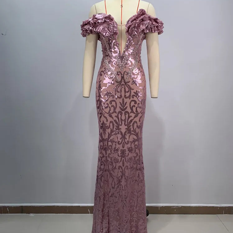 Luxury Sexy Off Shoulder Ruffles Pink Mesh Sequins Maxi Long Women Celebrity Dress 2024 Elegant Party Evening Club Vestido
