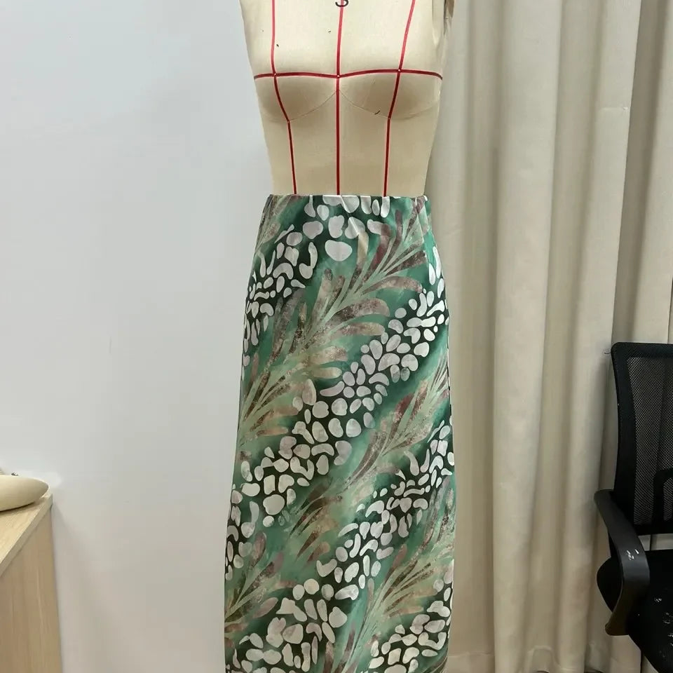 Elegant Printed Shirts Skirts Sets For Women Fashion Lapel Sleeves High Waist 2-piece Suits Summer Lady High Streetwears Green overskirt