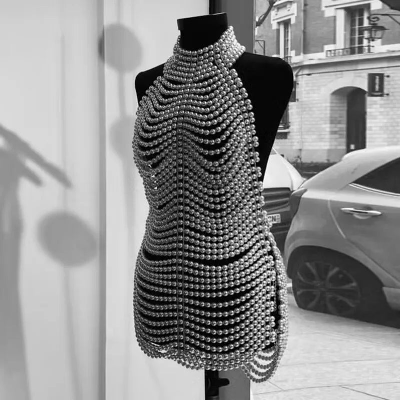 New Arrival Sexy Backless Pearl Beading Hollow Out Halter Mini Evening Dress Trendiness Party Dress Stage Performance Costume