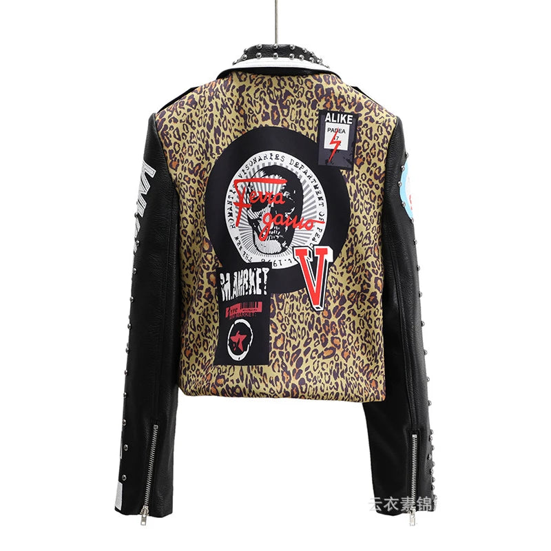 Punk Rivets Cropped Leather Jacket for Women Trend Streetwear Patchwork Leopard Print Faux Leather Motorcycle Jacket