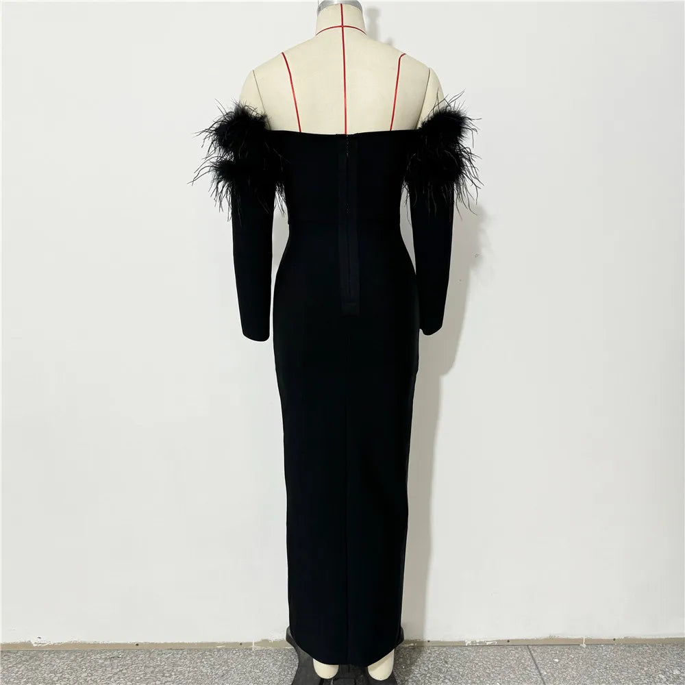 Women Long Sleeve Sexy Off the Shoulder Feathers Shinning Crystal Bodycon Long Bandage Dress Evening Party Cocktail Outfit