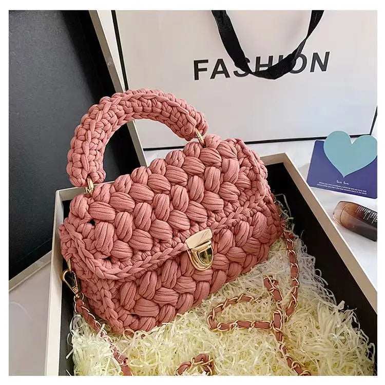 DIY Knitted Handbag Wallet Fashion Rope Woven Ladies Handbag Designer Casual Chain Shoulder Messenger Bag pink