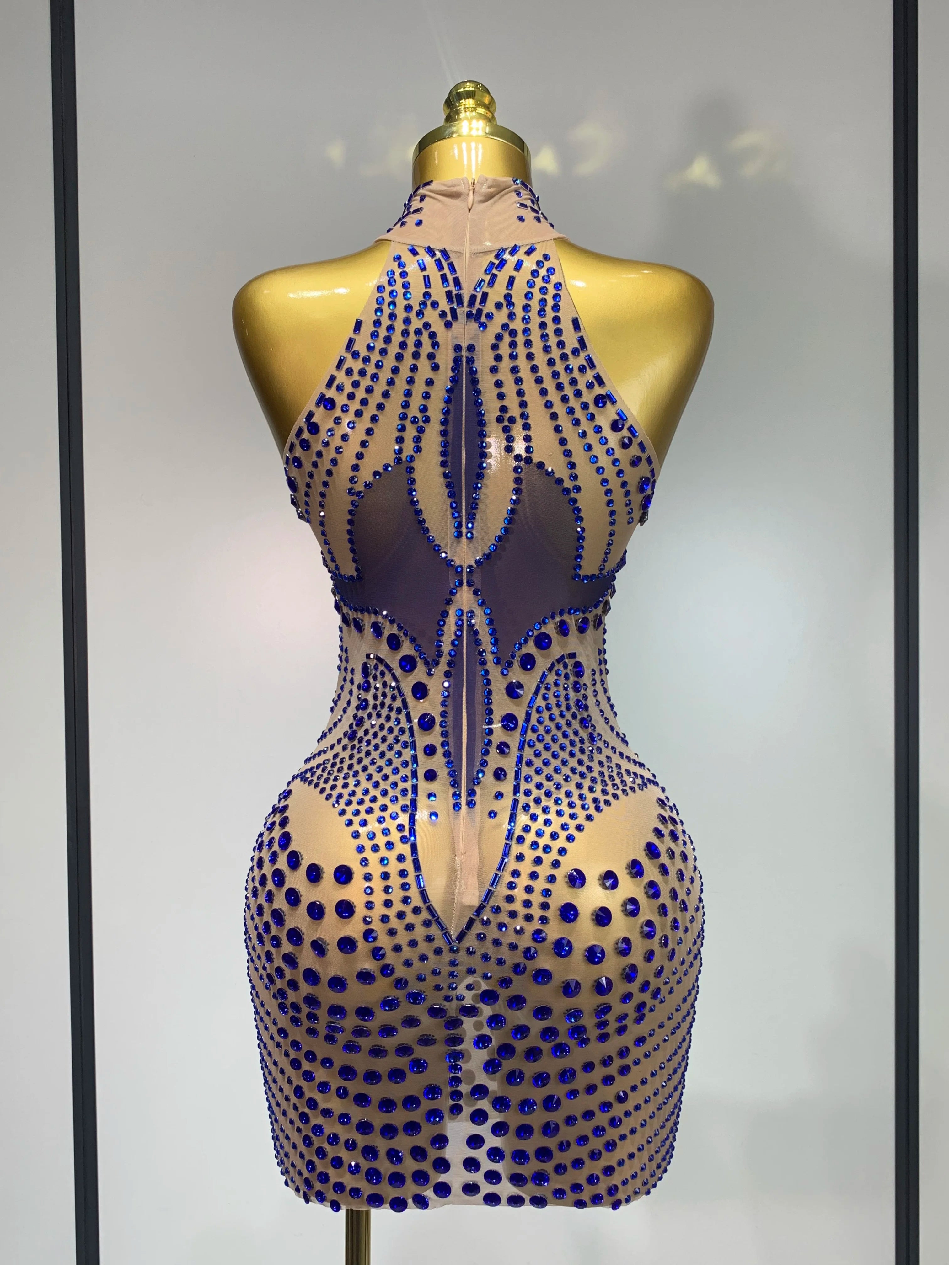 Luxury Birthday Dress Women Rhinestones Sexy Transparent Mesh Mini Dress Evening Party Nightclub Stage Performance Costume