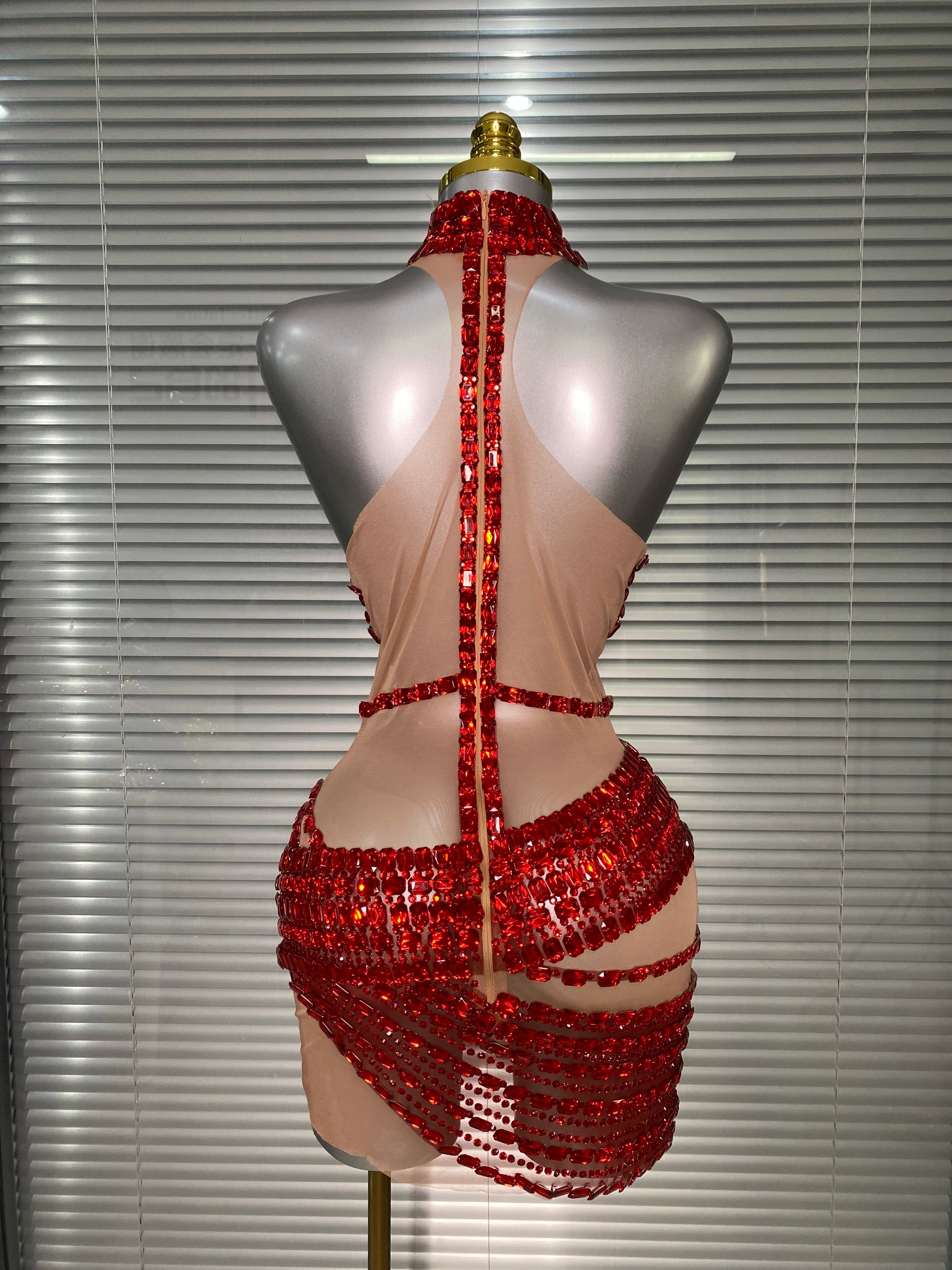 New Women Sexy Mesh Stage Costume Crystal Dancer Singer Sheer Mesh Night Club Red Gold Silver Mini Party Dress