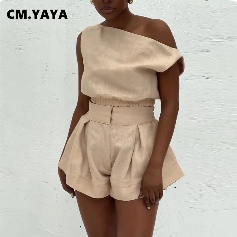 CM.YAYA Fashion Women's Set Off Shoulder Sleeveless Blouse Shirt Top and Flare Shorts Suit 2025 Street Two 2 Piece Sets Outfits