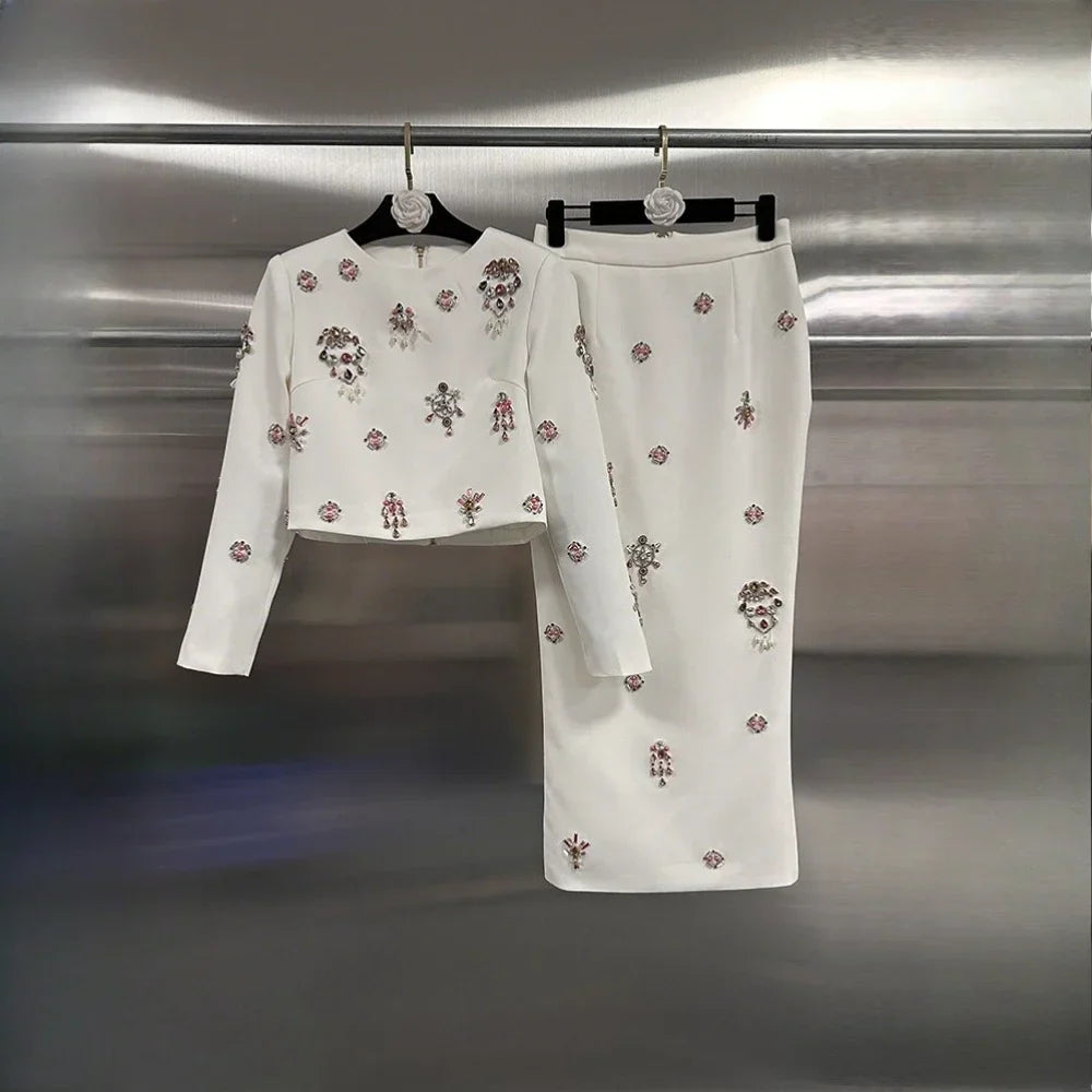 Solid Slimming Two Piece Sets for Women Round Neck Long Sleeves Patchwork Diamonds Top High Wasit Skirt Female New