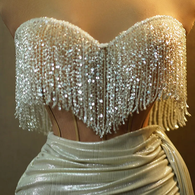 New Summer Beading Tassel Sexy See Through STrapless Top And Mini Skirt 2 Pieces Woman Set Party Vestido Performances Costume