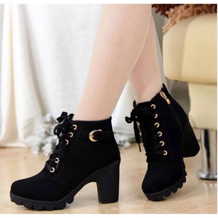 Spring Winter Women Pumps Boots Lace-up European Ladies Shoes PU High Heels Boots