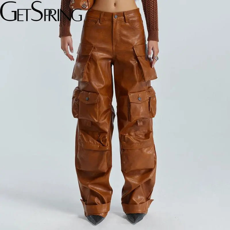 GetSpring Women Leather Pants Capris 2023 Autumn Multi Pockets High Waist Trousers Loose Casual All Match Long PU Cargo Pants
