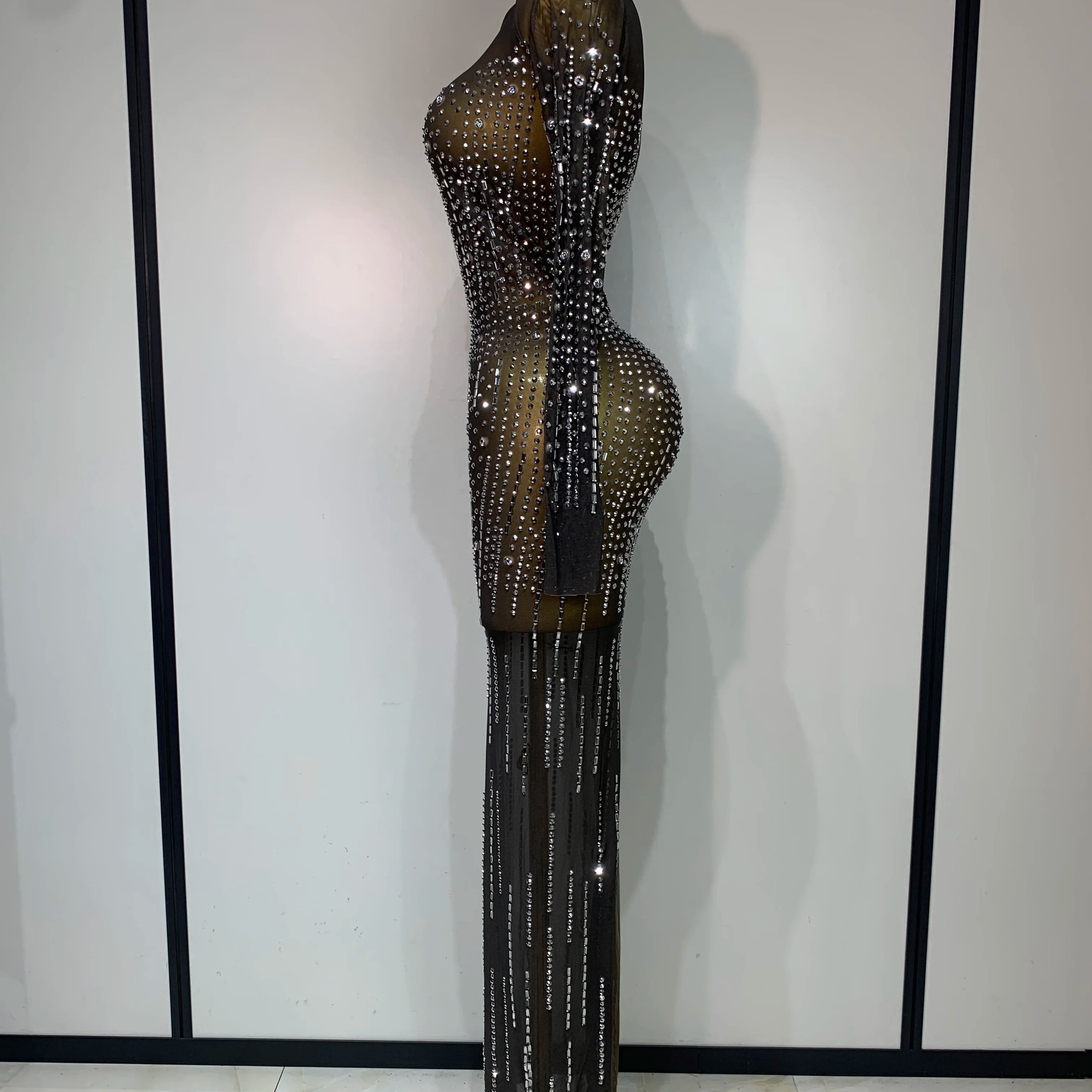 Women Sexy Long Sleeve Mesh See Through Dress 2025 Elegant Evening Party Luxury Birthday Club Rhinestone Performance Costume
