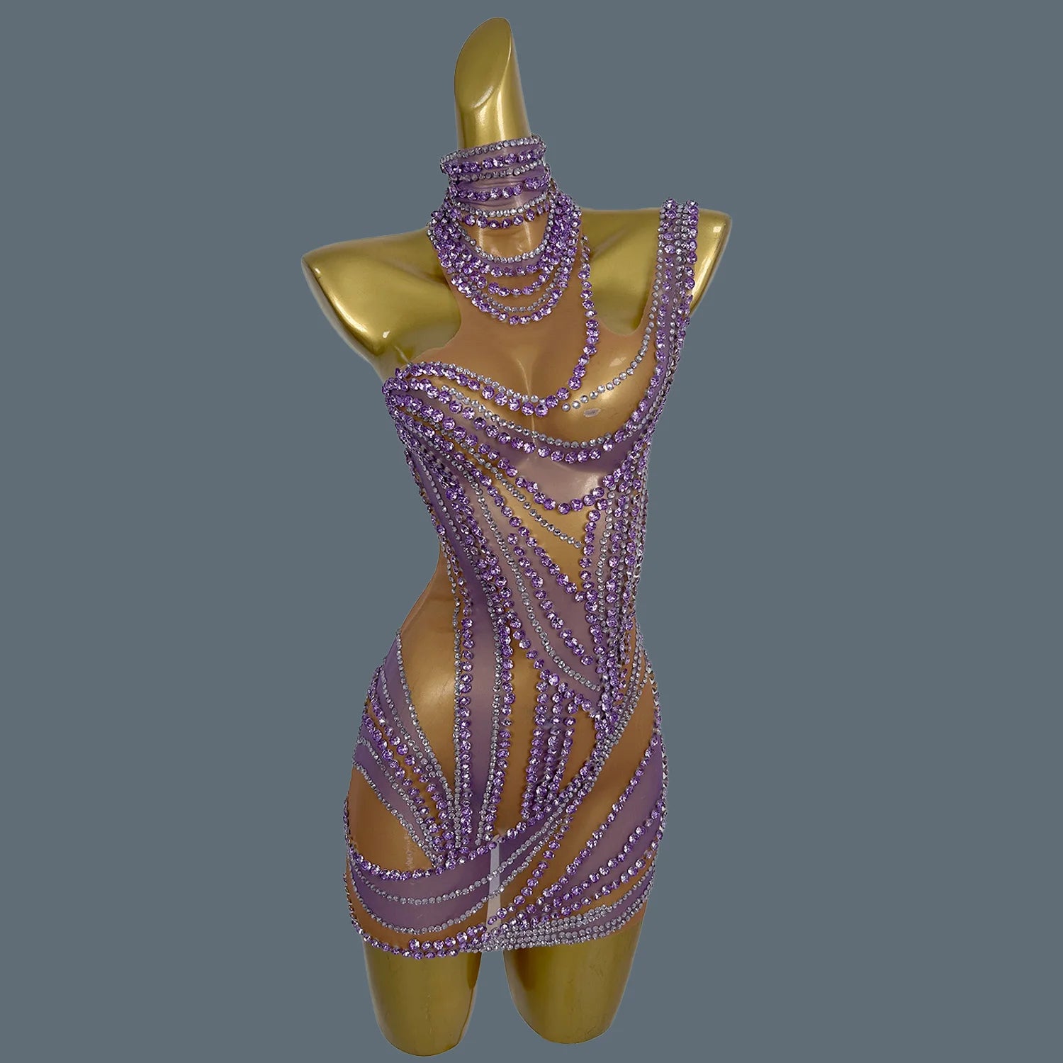 Hot Girl Sparkly Rhinestone Mini Dress Sexy Mesh See Through Party Event Prom Celebrate Birthday Dress Singer Show Wear Liuzhuan