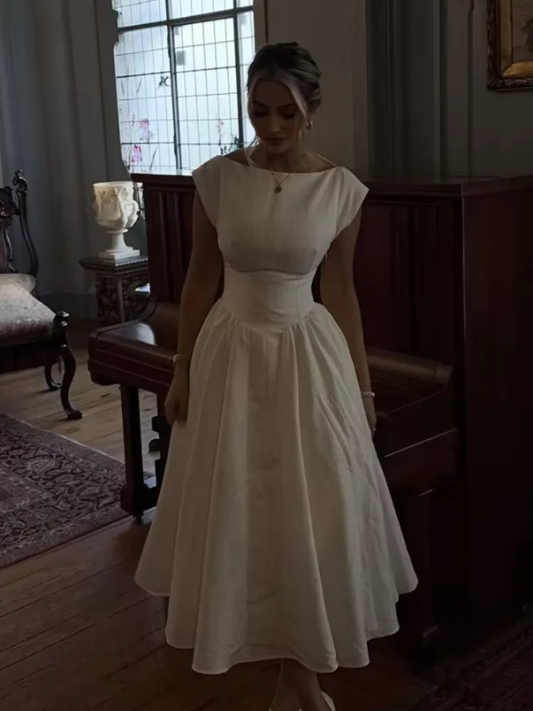 2025 Elegant White O Neck Pleated Hem Maxi Dress Women Fashion Open Back Solid A-line Dresses New Spring Summer Lady Party Robes