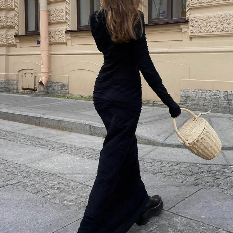 Dulzura Solid Pure Color 3D Ruched Long Sleeves Maxi Dress 2024 Summer Autumn For Women Sexy Clubwear Wholesale Drop Shipping