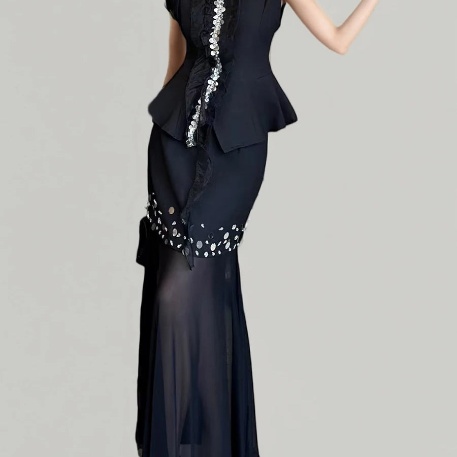 TWOTWINSTYLE Solid Two Piece Sets for Women Round Neck Sleeveless Patchwork Sequin Vest High Waist Sheer Skirt Set Female New