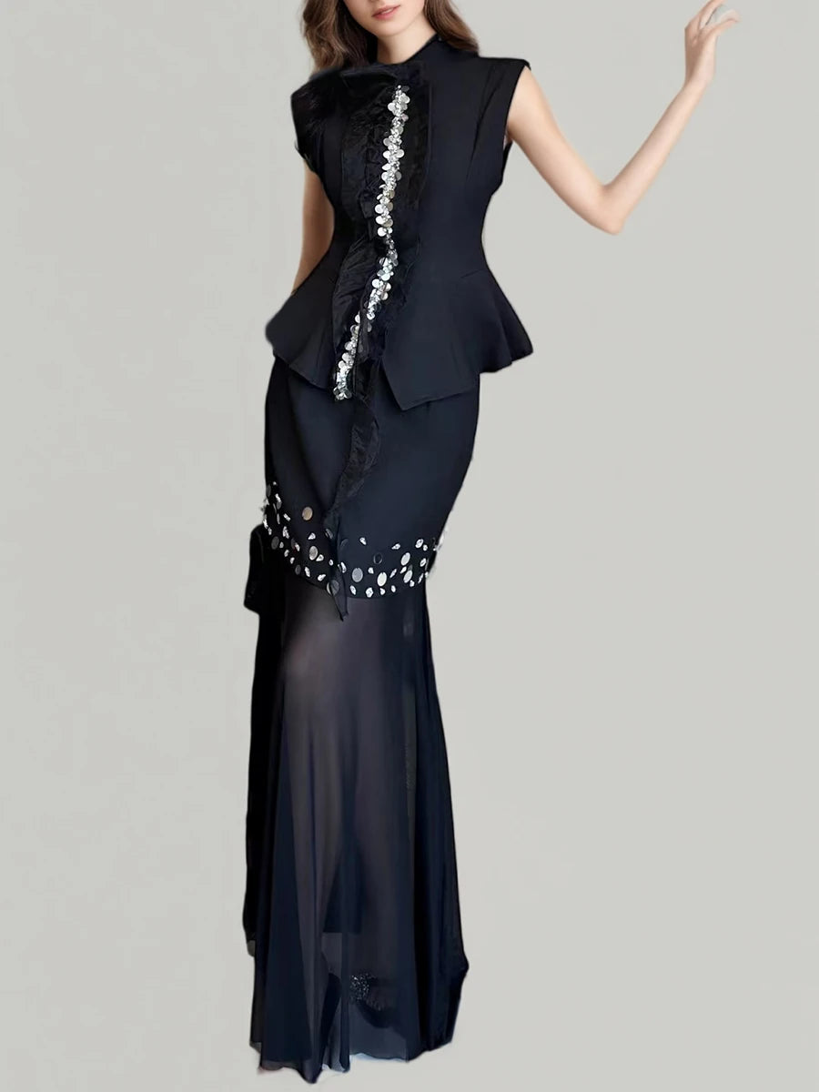 TWOTWINSTYLE Solid Two Piece Sets for Women Round Neck Sleeveless Patchwork Sequin Vest High Waist Sheer Skirt Set Female New