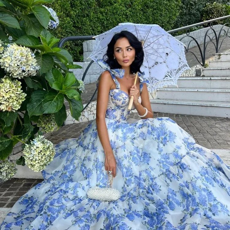 Women Sexy Printed Suspender Dress Fashion V-neck Backless High Waist Large Swing Midi Vestido Summer Female Chic Vacation Robes Blue 1