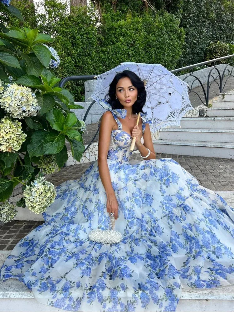 Women Sexy Printed Suspender Dress Fashion V-neck Backless High Waist Large Swing Midi Vestido Summer Female Chic Vacation Robes Blue 1