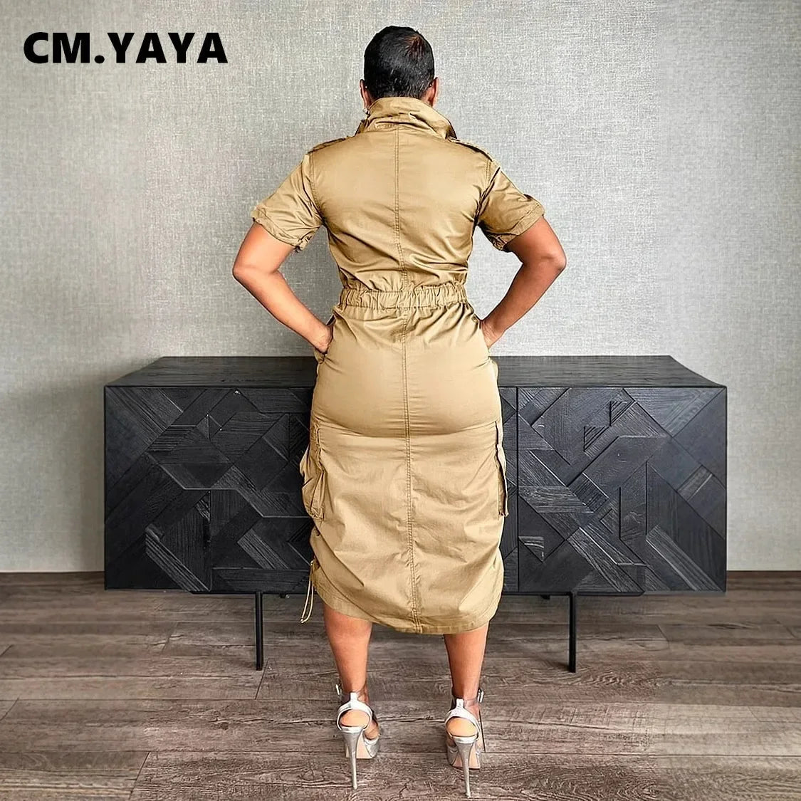 CM.YAYA Women High Waist Short Sleeve Mult Pockets Cargo Midi Dress Streetwear Drawstring Vestidos Party Sexy Evening Dresses
