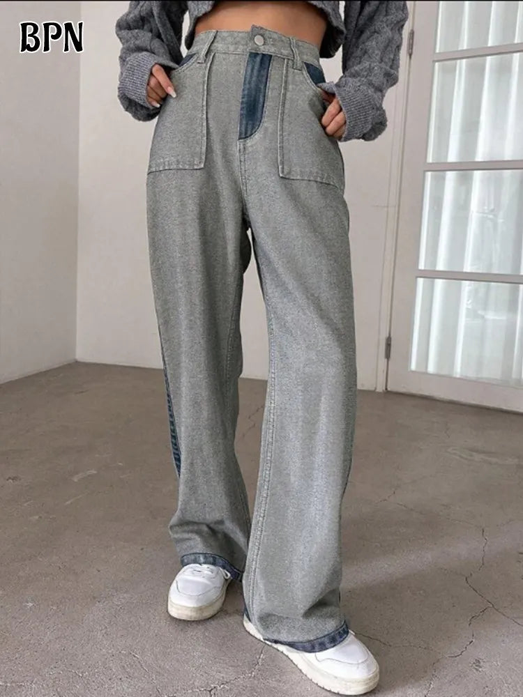 Casual Patchwork Denim Trousers For Women High Waist Hit Color Straight Wide Led Jeans Female Fashion Autumn Clothing New