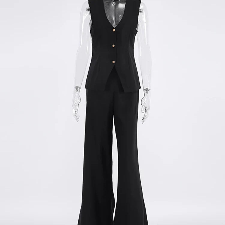 Mnealways18 Ladies Office 2 Pieces Womens Suits Vest Top And Wide Leg Pants Outfits Cotton Linen Summer Fashion Green Sets Black