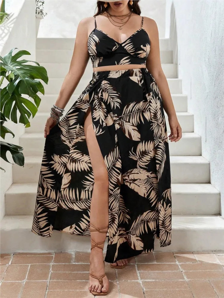 Plus Size Summer Striped Print 2 Two Piece Set Women Sexy Slim Ladies Cropped Sleeveless Slip Tops Split Loose Modis Woman Skirt