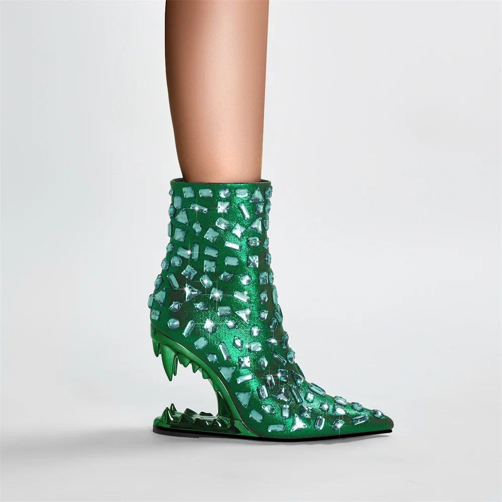 European and American Light Luxury Water Diamond Shaped Tiger Teeth High Heel Boots Women's Sexy Side Zipper Short Boots green
