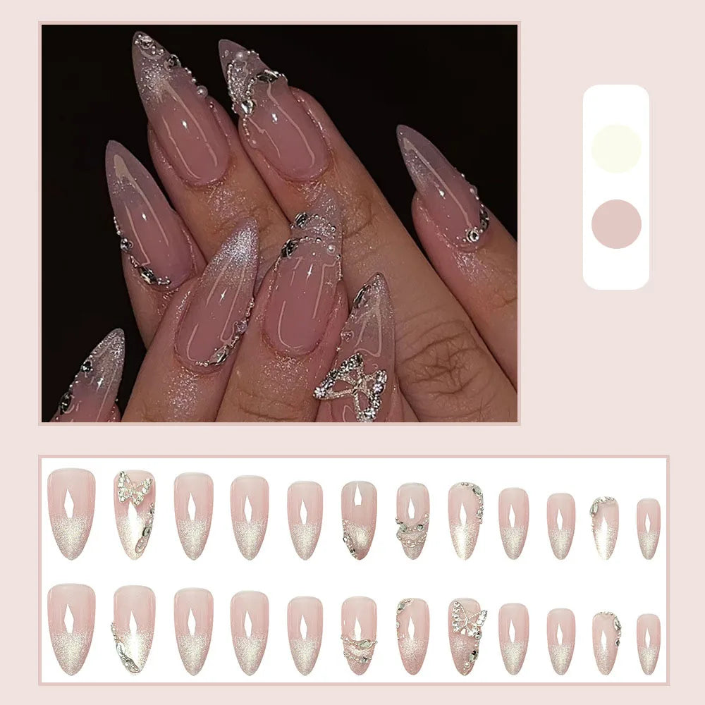 24pcs/set Short Medium fake nails for women girls gradient shiny glitters heart french Square almond tips Press on false nail