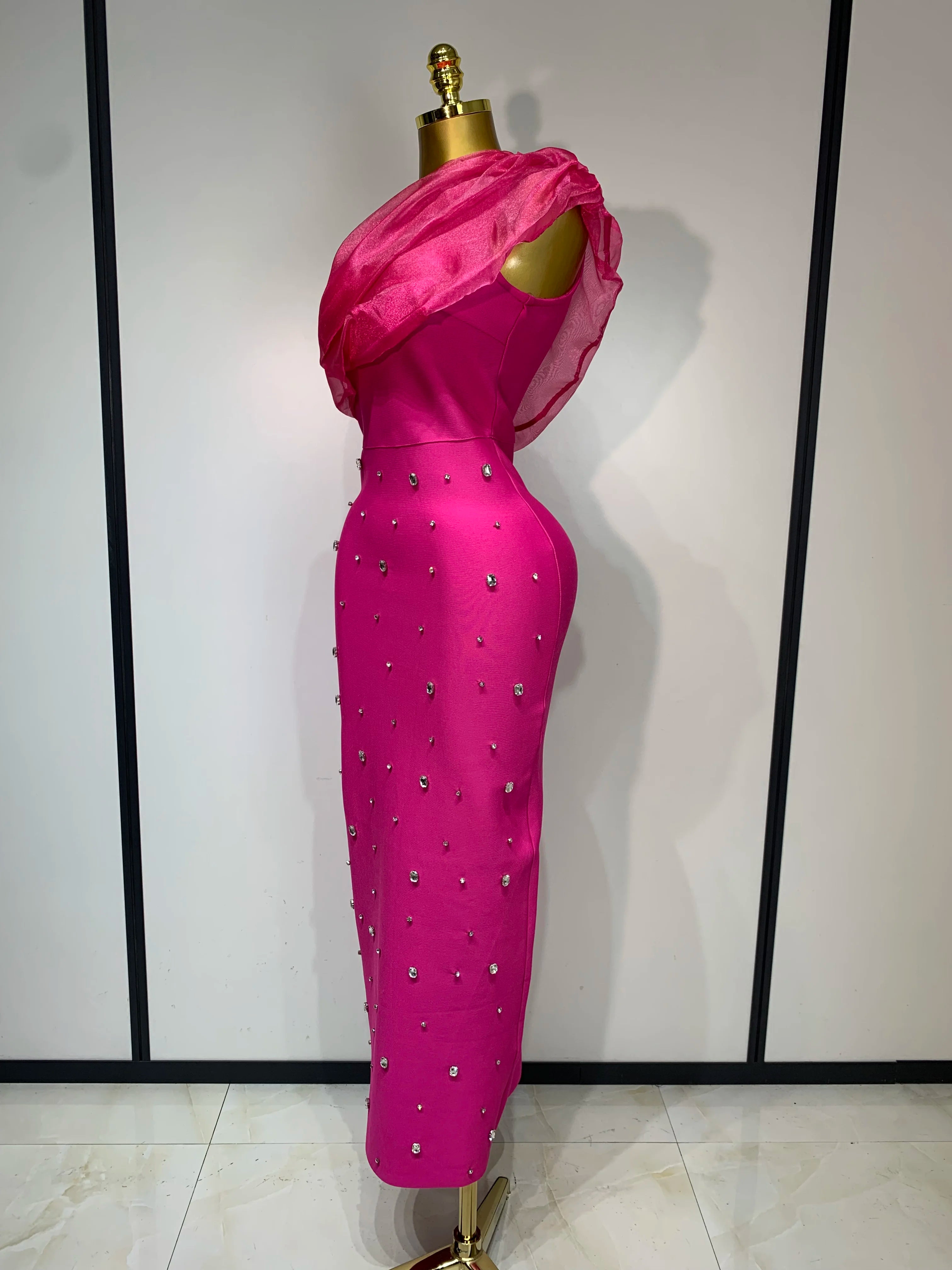 Women Sexy One Shoulder Shinning Crystal Bodycon Bandage Long Dress Celebrate Birthday Elegant Evening Party Club Outfit