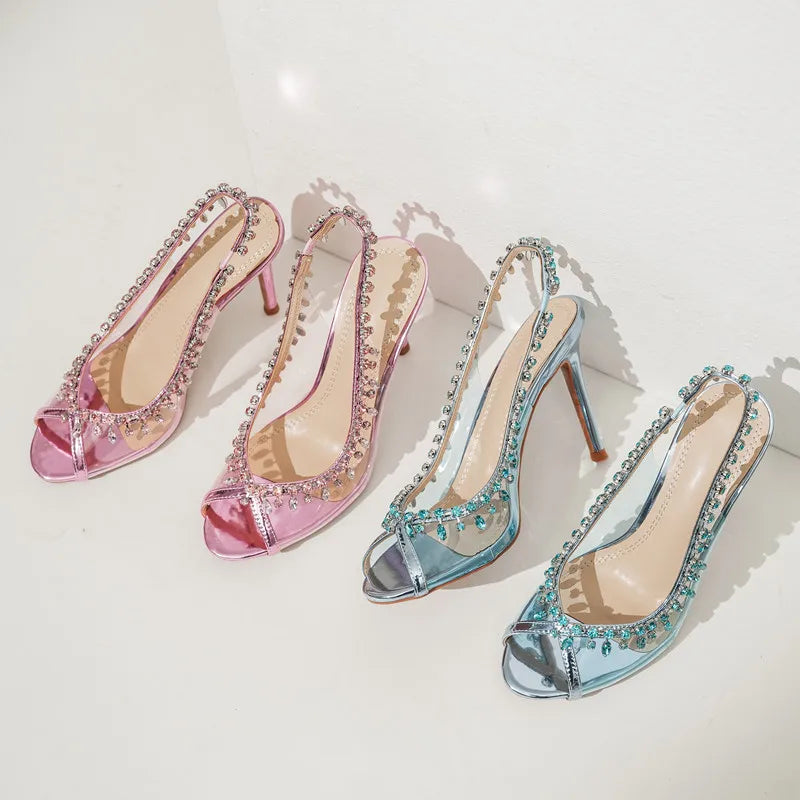 Luxury Crystal Pendant Slingbacks Women Pumps Sexy Peep Toe Transparent PVC Thin High heels Spring Autumn Party Wedding Shoes