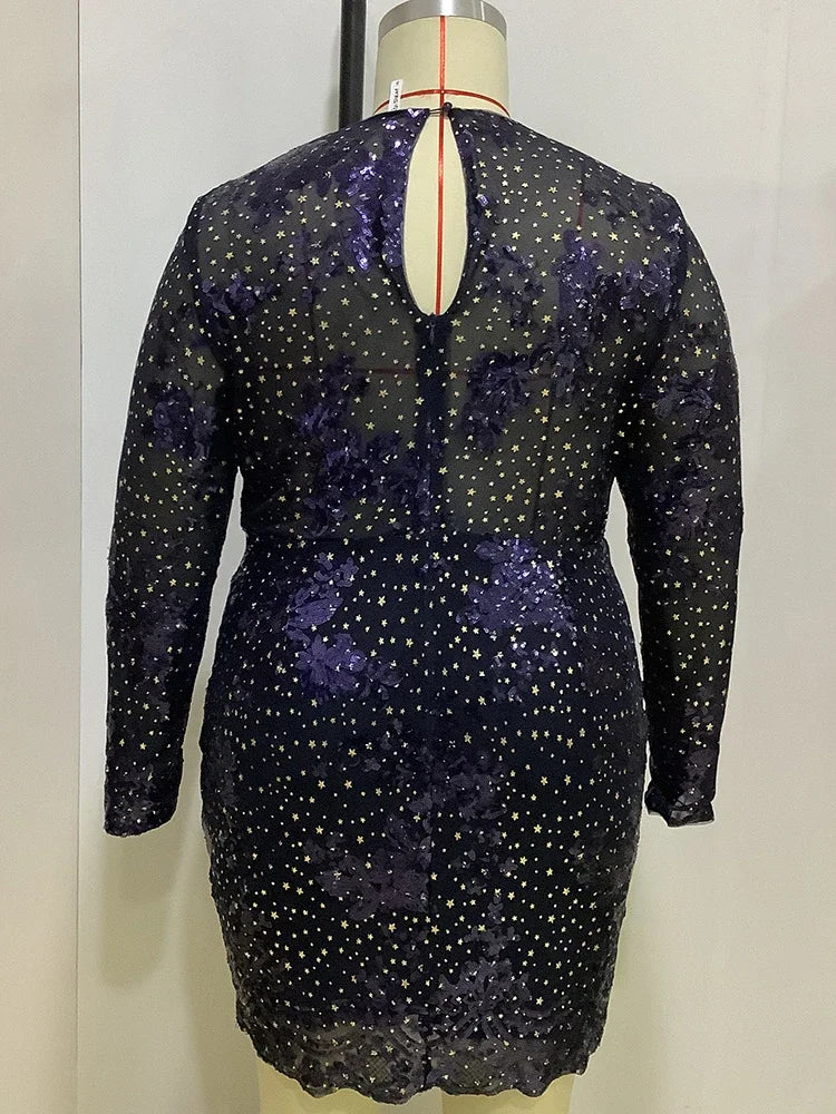 Sparkly Shiny Dresses for Women O Neck Long Sleeve Sequins Package Hip Sexy Mini Evening Birthday Party Plus Size Gowns 2024