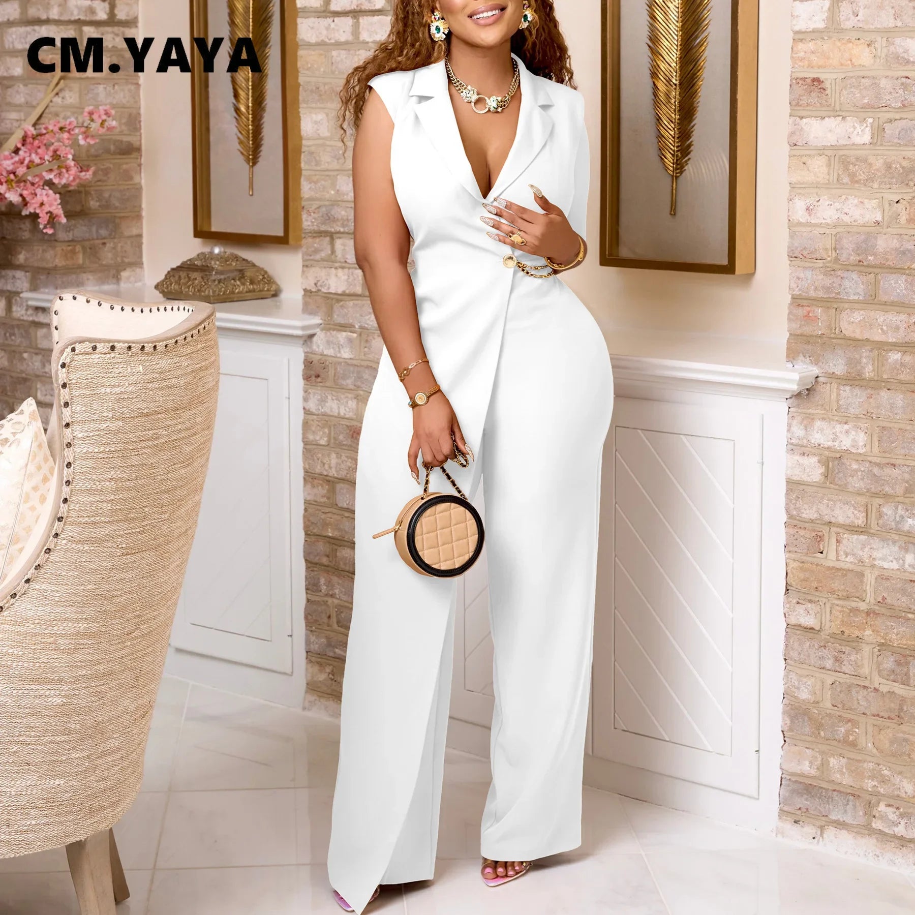 CM.YAYA Women Wide Leg V-Neck Sleeveless Jumpsuits Waist Chain 2024 Summer OL Beach Night Club Playsuit One Piece Suit Romper
