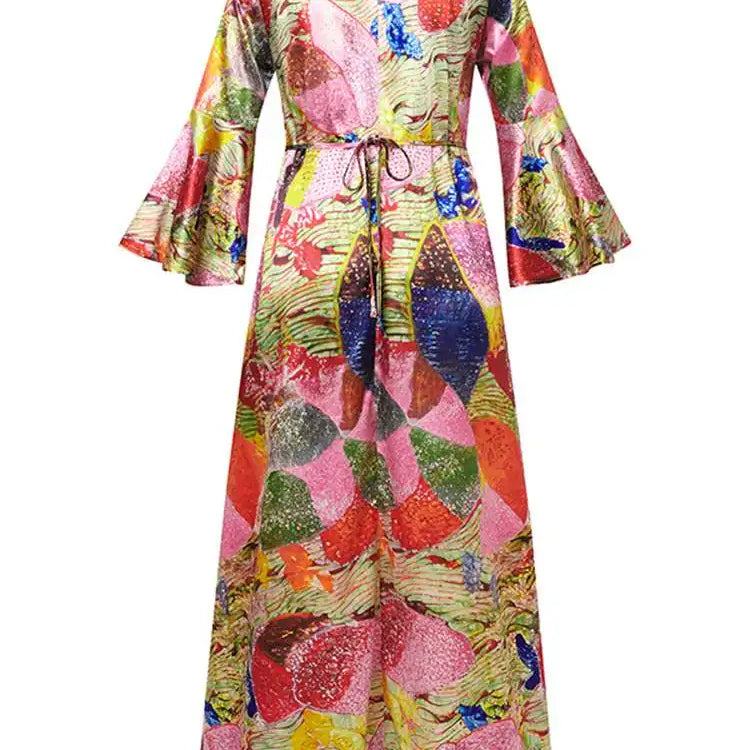 Plus Size 5XL Elegant Women Maxi Dress Autumn Long Flare Sleeve Casual Printed Elegant Long Shirt Sundress Party Vestidos