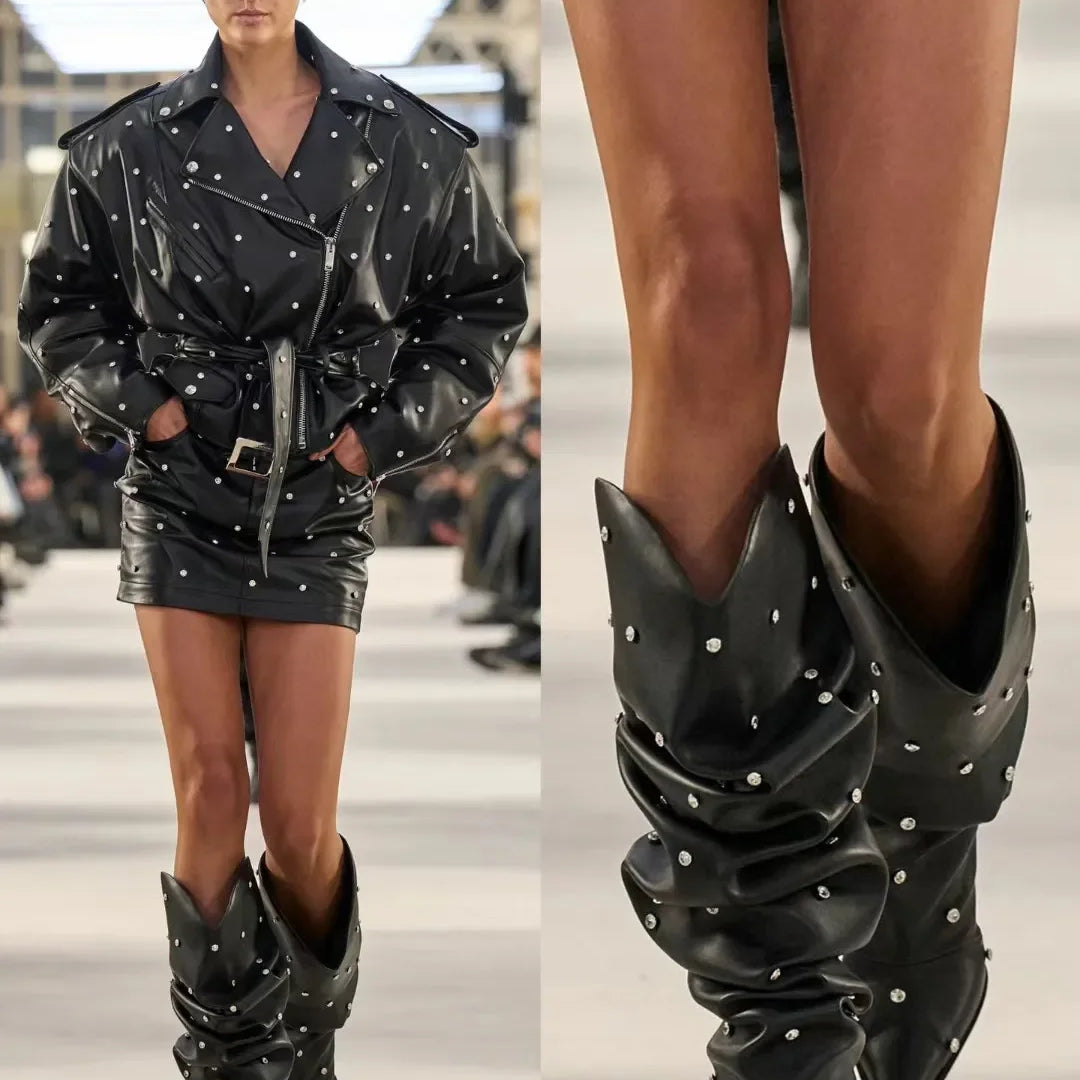 Autumn/Winter Mirror Face Thick High Heel Mid Boot Pointed Fashion High Boot Banquet Party Colorful Over Knee Long Boot