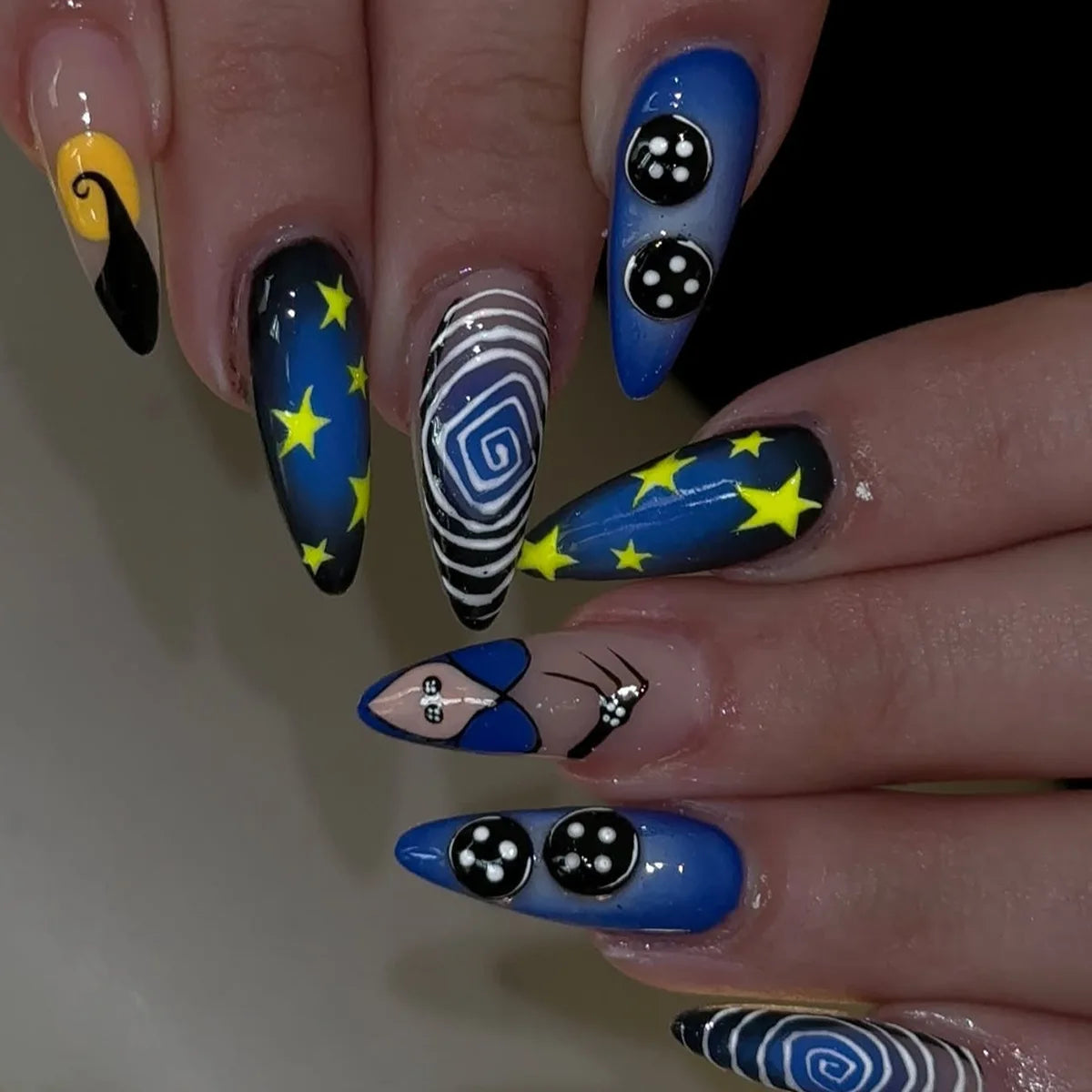 24pcs Gradient Black False Nails Art Y2k Leopard Print Design Long Almond Press on Nails Tips French Round Head Fake Nail Sets