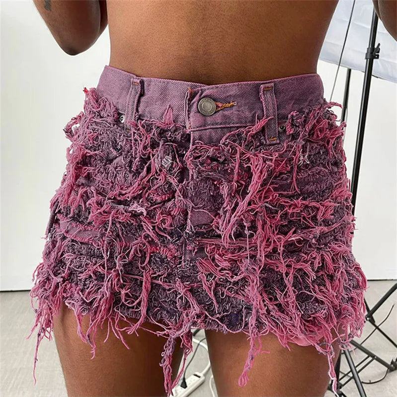 Tassels Solid Vintage Denim Street Style Short Skirt Women Casual High Waist Skinny Bottom Streetwear Clothing