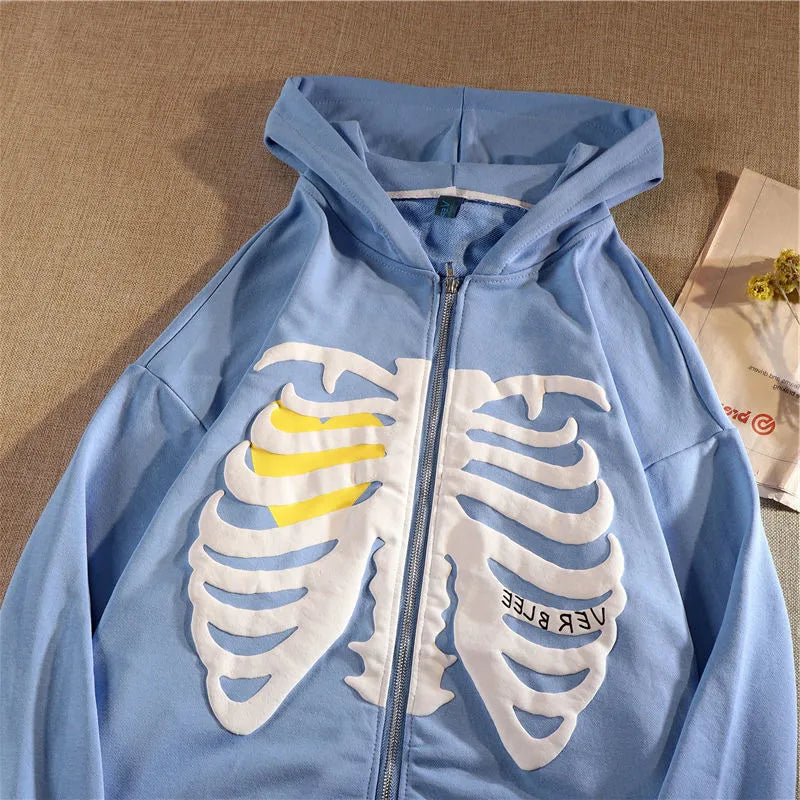 Y2K Skeleton Hoodies Women Vrouwen Gothic Zwart Zip Up Oversized Sweatshirt Dames Retro Harajuku Capuchon Streetwear Tops Blue
