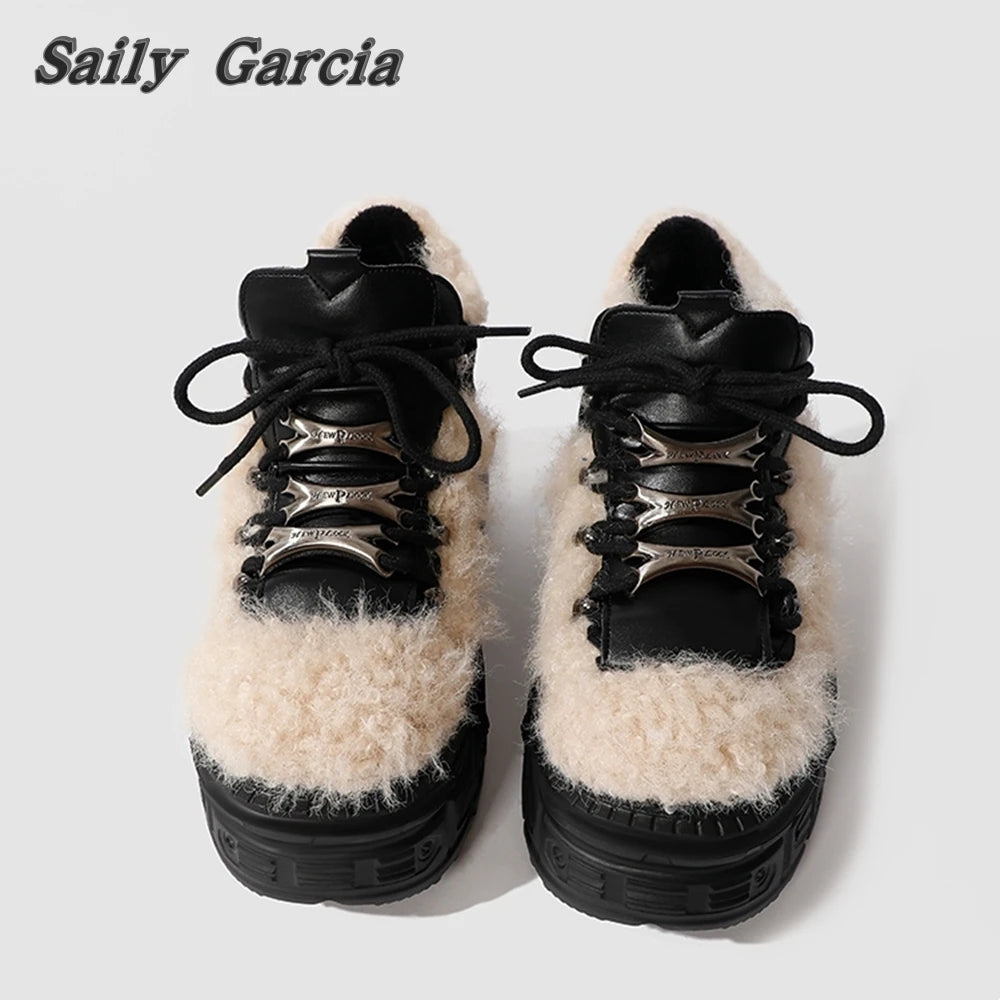 Short Plush Rock Punk Style WaterProof Platform Ankle Boots Winter New Metal Lace Up Women Shoes Round Toe Sculpted Sole Boots