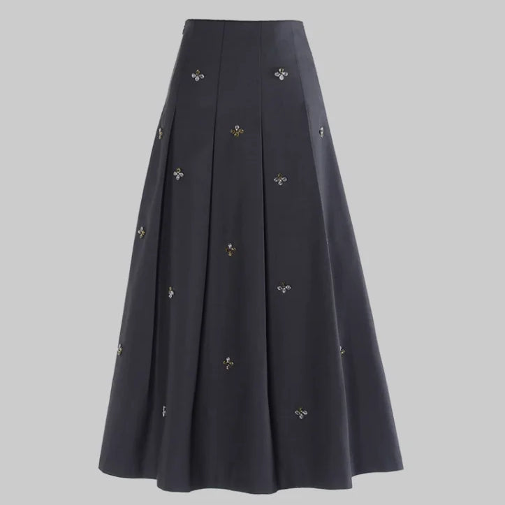 Spring Women French Style Luxury Rhinestone Beading Lady High Quality Solid Long Pleated Skirt GRAY