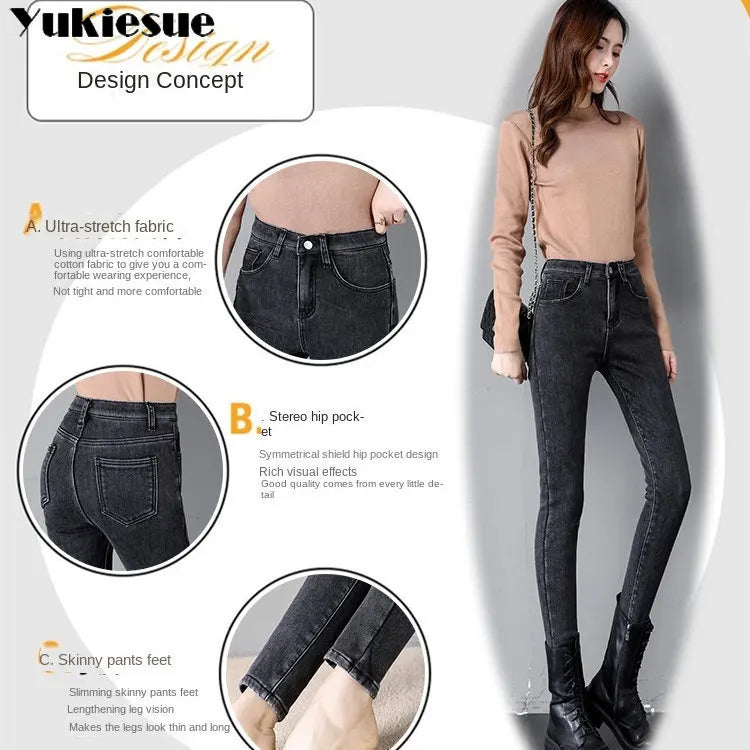 Winter Warm Slim Fit Pencil Pants Women Thicken Fleece Skinny Jeans Pants For Women leisure High Waist Elastic Denim Trousers