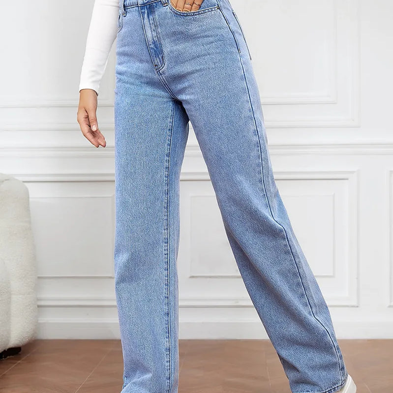 Elastic Washed Denim Fashion Straight Pants Jeans Women's Pants Light Blue